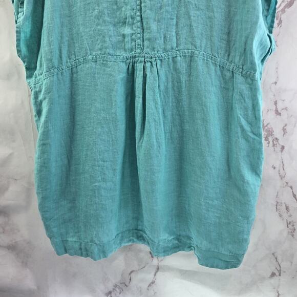 Lands End Shirt Womens Large P Blue Linen Short Sleeve Boxy Pockets Cuffed V - Picture 7 of 10